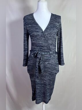 Interi Surplice Wrap Belted Heather Blue Knit Dress - Medium